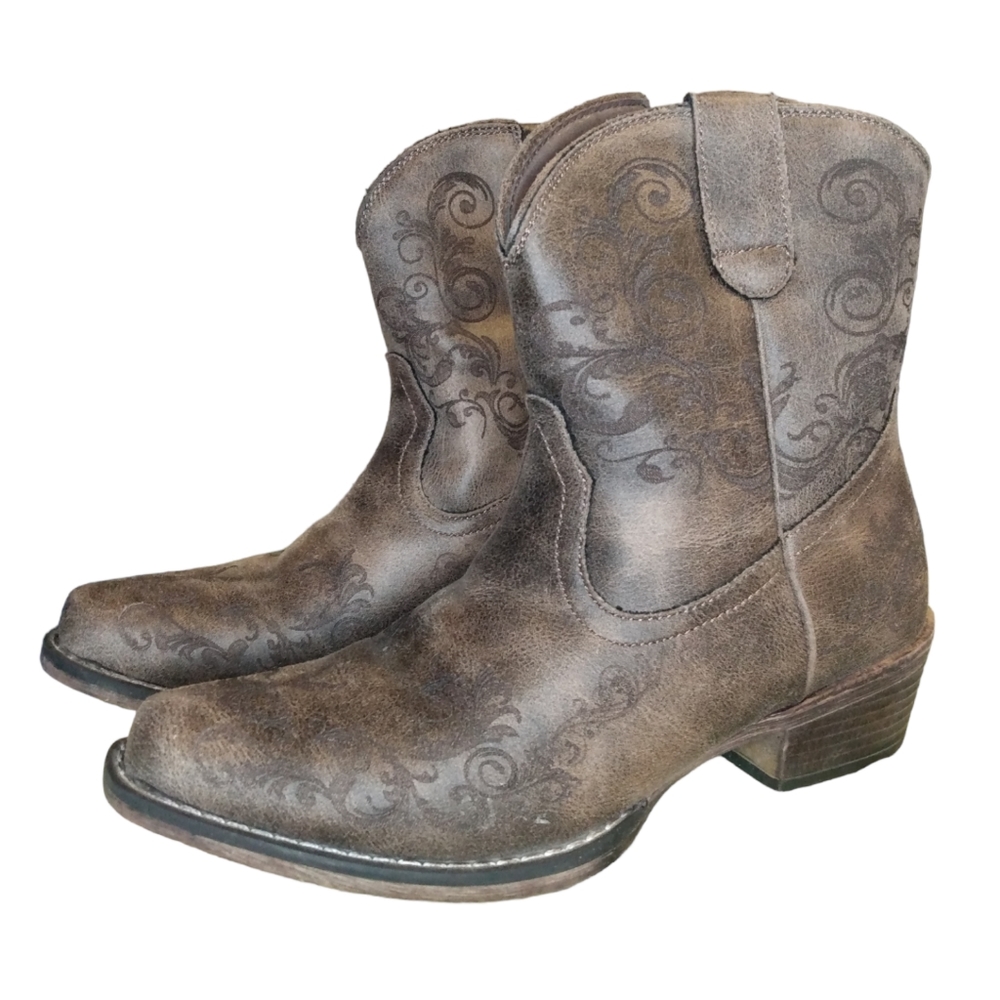 Roper‎ Women's Brown Laser Print Snip Toe Cowboy Booties size 6.5